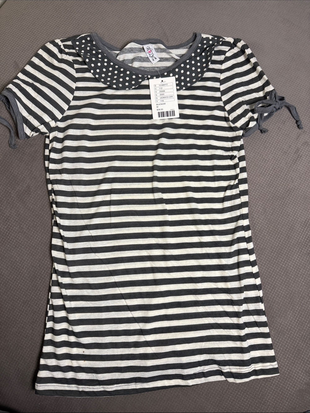 Urban Outfitters Black and White Striped Short Sleeve Tee with Polka Dot Collar
